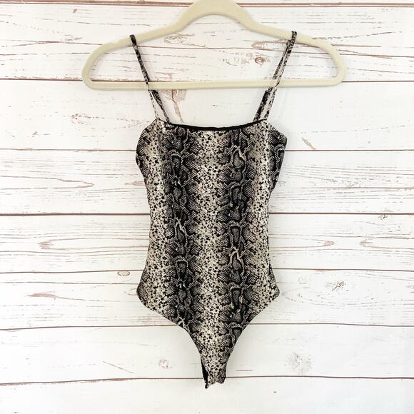 Windsor XS Black Cream Snake Print Square Neck Camisole Fitted Bodysuit - Picture 4 of 8